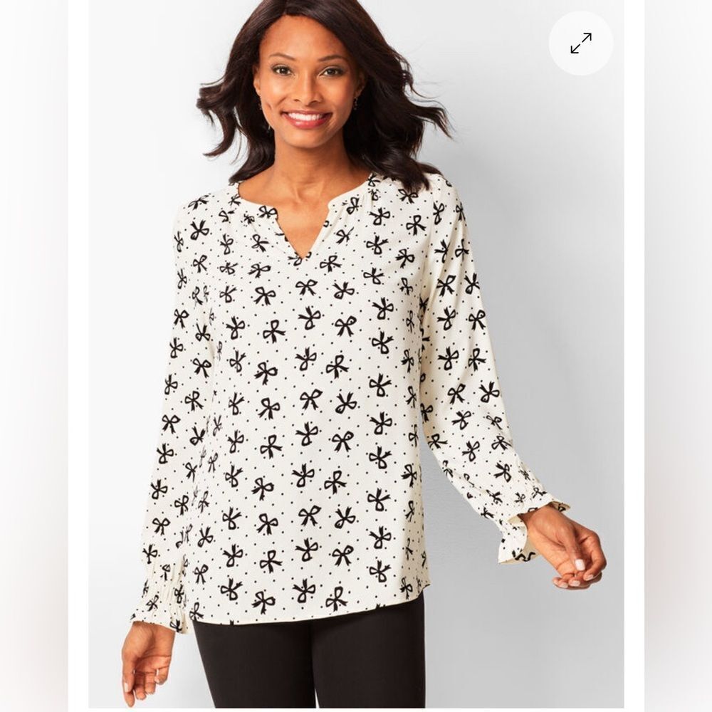 Talbots Smocked Sleeve Bow Top size Medium Black/White Split Neck Office Blouse